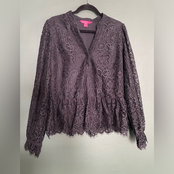 Lilly Pulitzer- lace split neck onyx black blouse flirty pouf sleeve Jaclynne L - Picture 12 of 16
